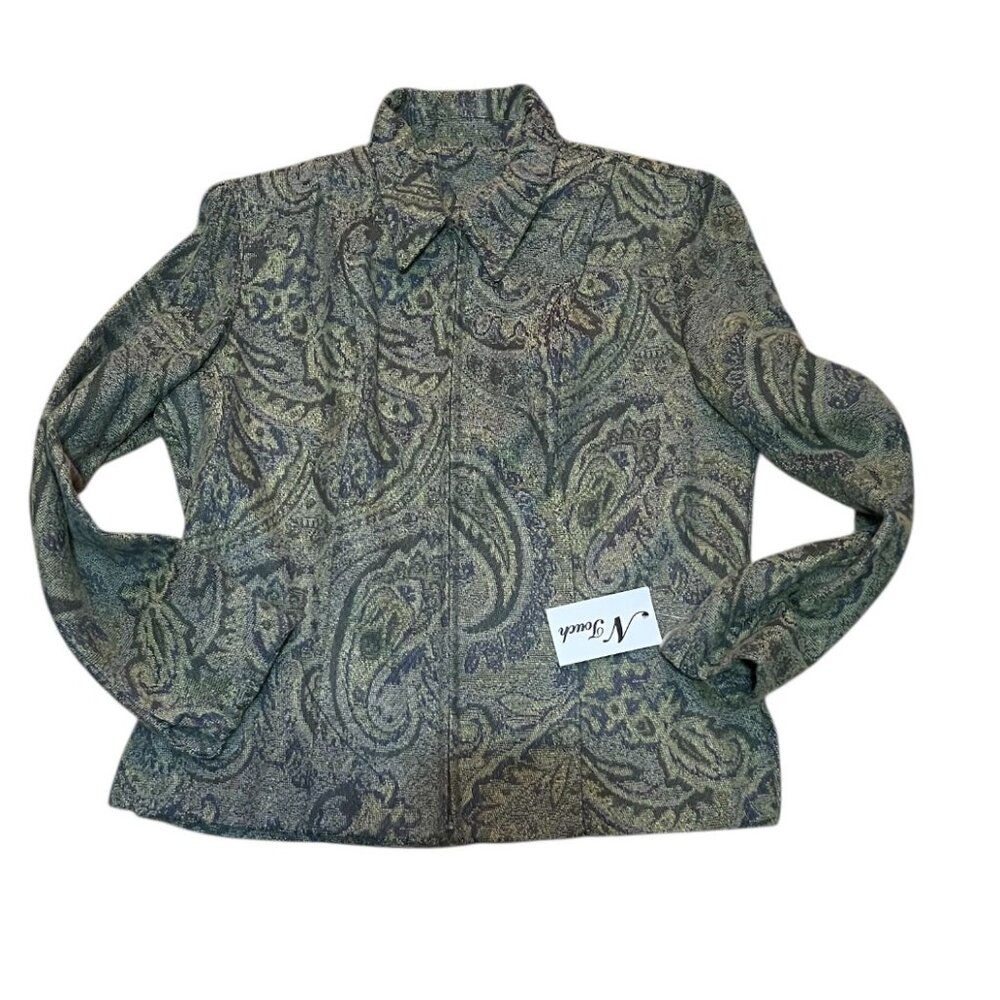 NWT N Touch Petite Olive Green Paisley Print Zip Front Grandmacore Cardigan